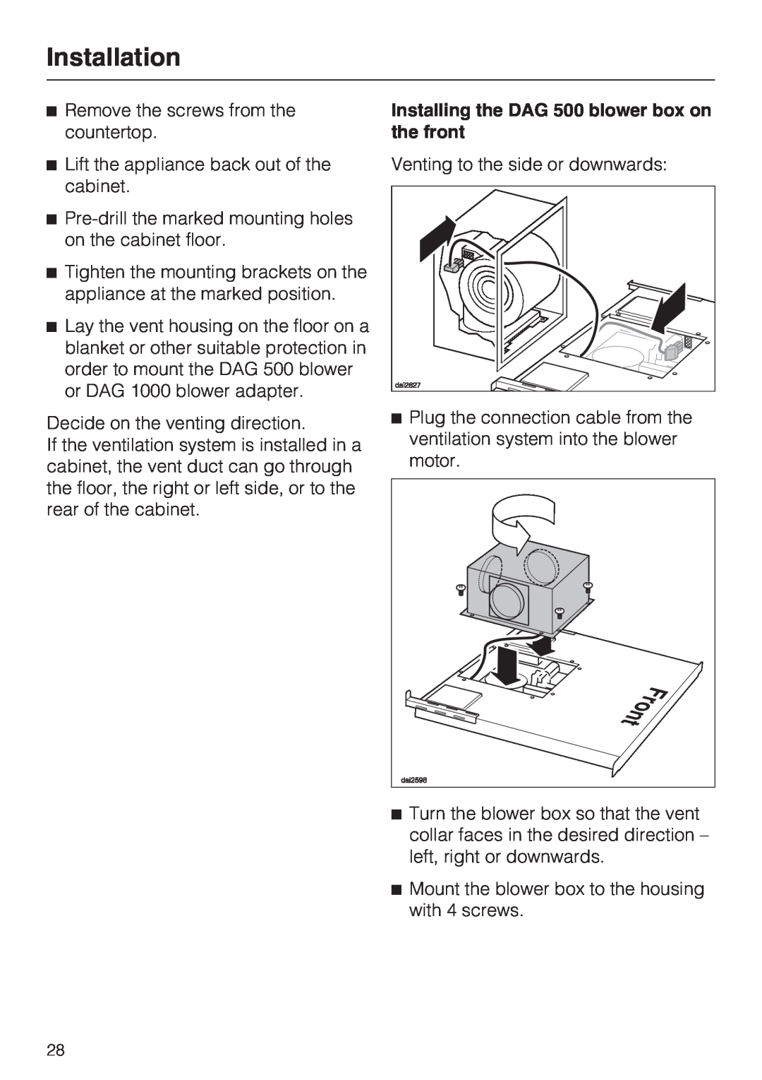 Miele DA 6490, DA 6480, DAG 1000 installation instructions Installing the DAG 500 blower box on the front, Installation 