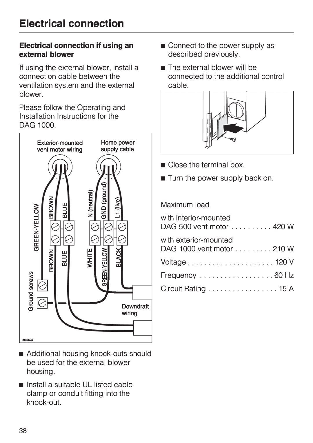 Miele DAG 500, DA 6490, DA 6480, DAG 1000 installation instructions Electrical connection if using an external blower 