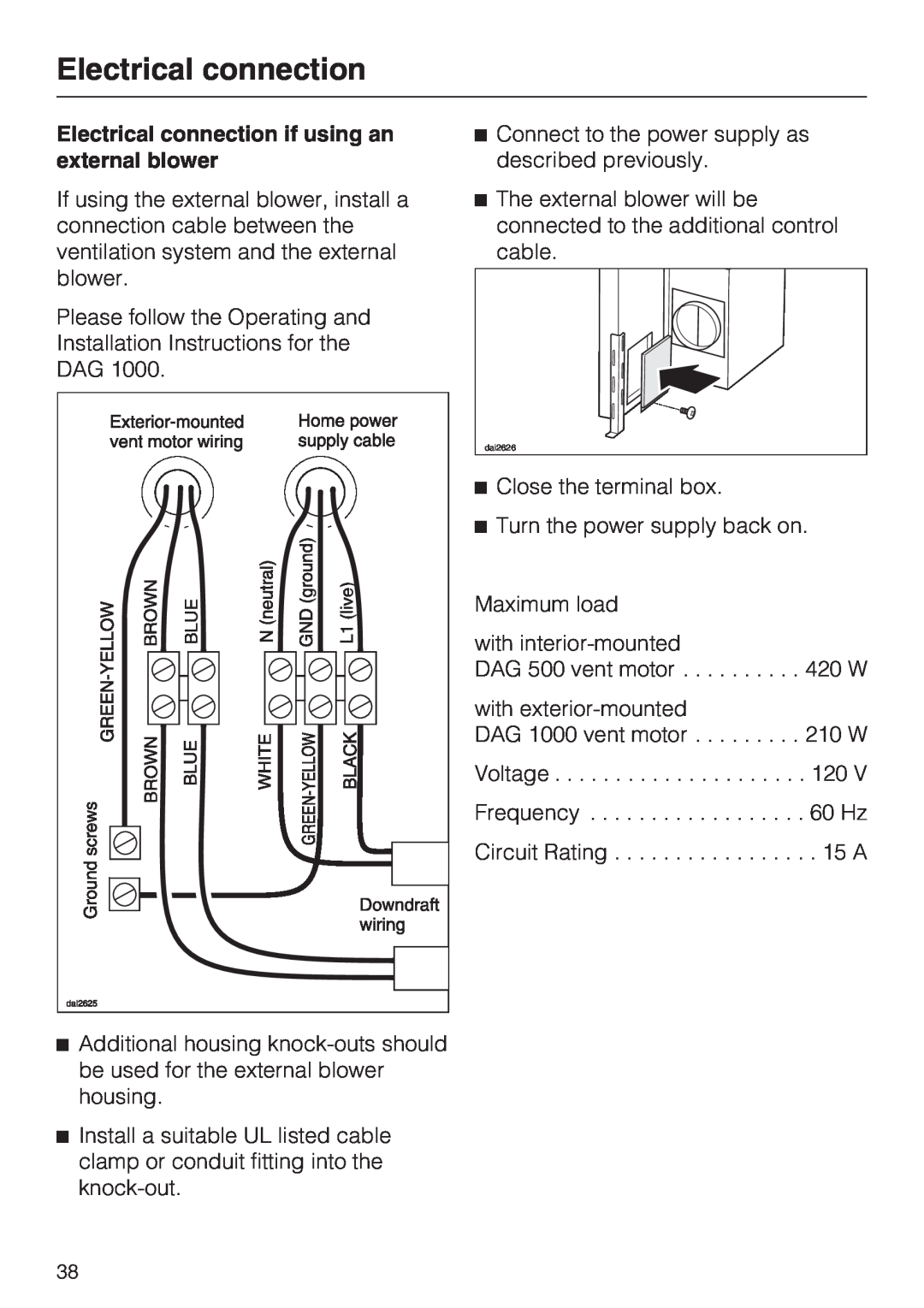 Miele DAG 500, DA 6490, DA 6480, DAG 1000 installation instructions Electrical connection if using an external blower 