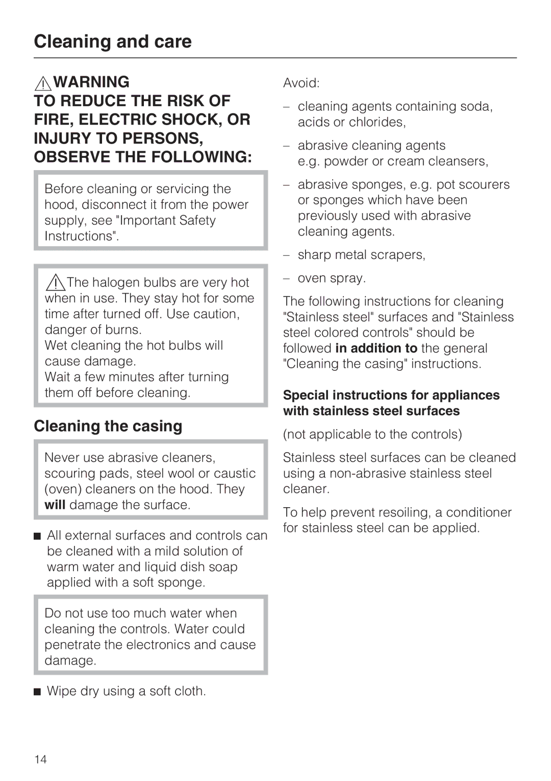 Miele DA 6590 D installation instructions Cleaning and care, Cleaning the casing 