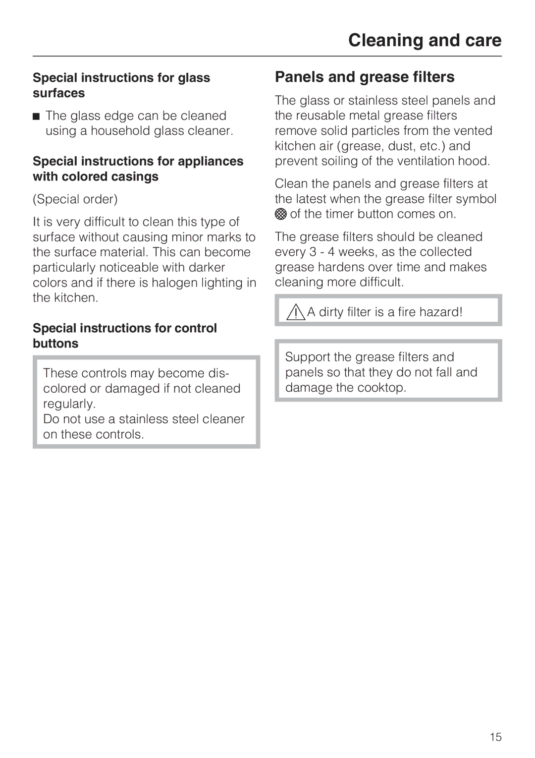 Miele DA 6590 D installation instructions Panels and grease filters, Special instructions for glass surfaces 