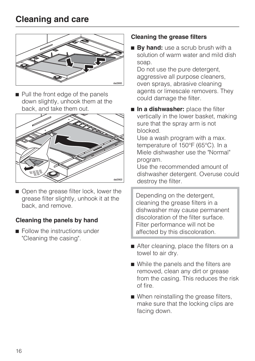 Miele DA 6590 D installation instructions Cleaning the panels by hand, Cleaning the grease filters 