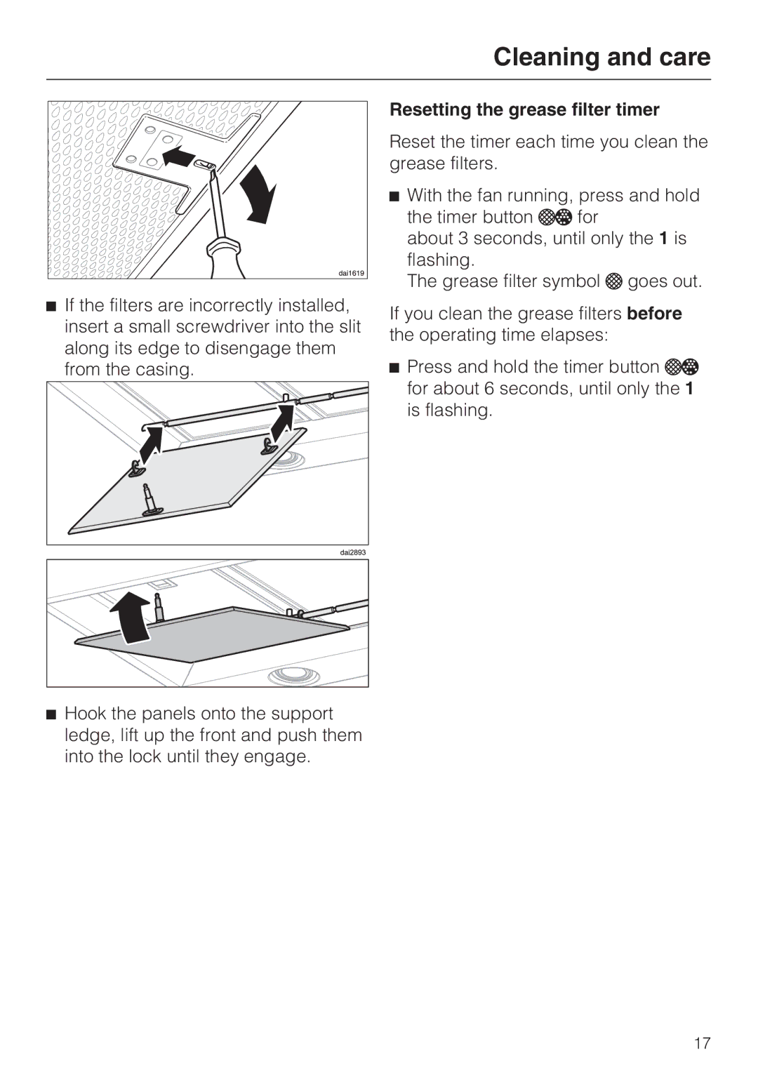 Miele DA 6590 D installation instructions Resetting the grease filter timer 