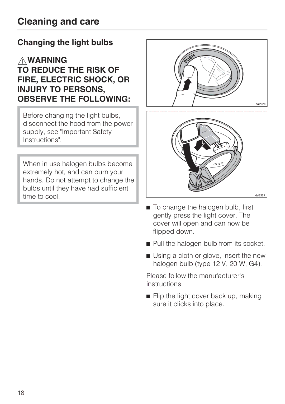 Miele DA 6590 D installation instructions Changing the light bulbs 