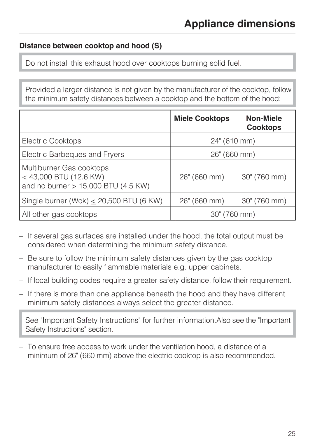 Miele DA 6590 D installation instructions Distance between cooktop and hood S, Miele Cooktops Non-Miele 