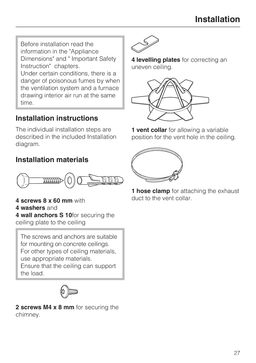 Miele DA 6590 D installation instructions Installation instructions, Installation materials 