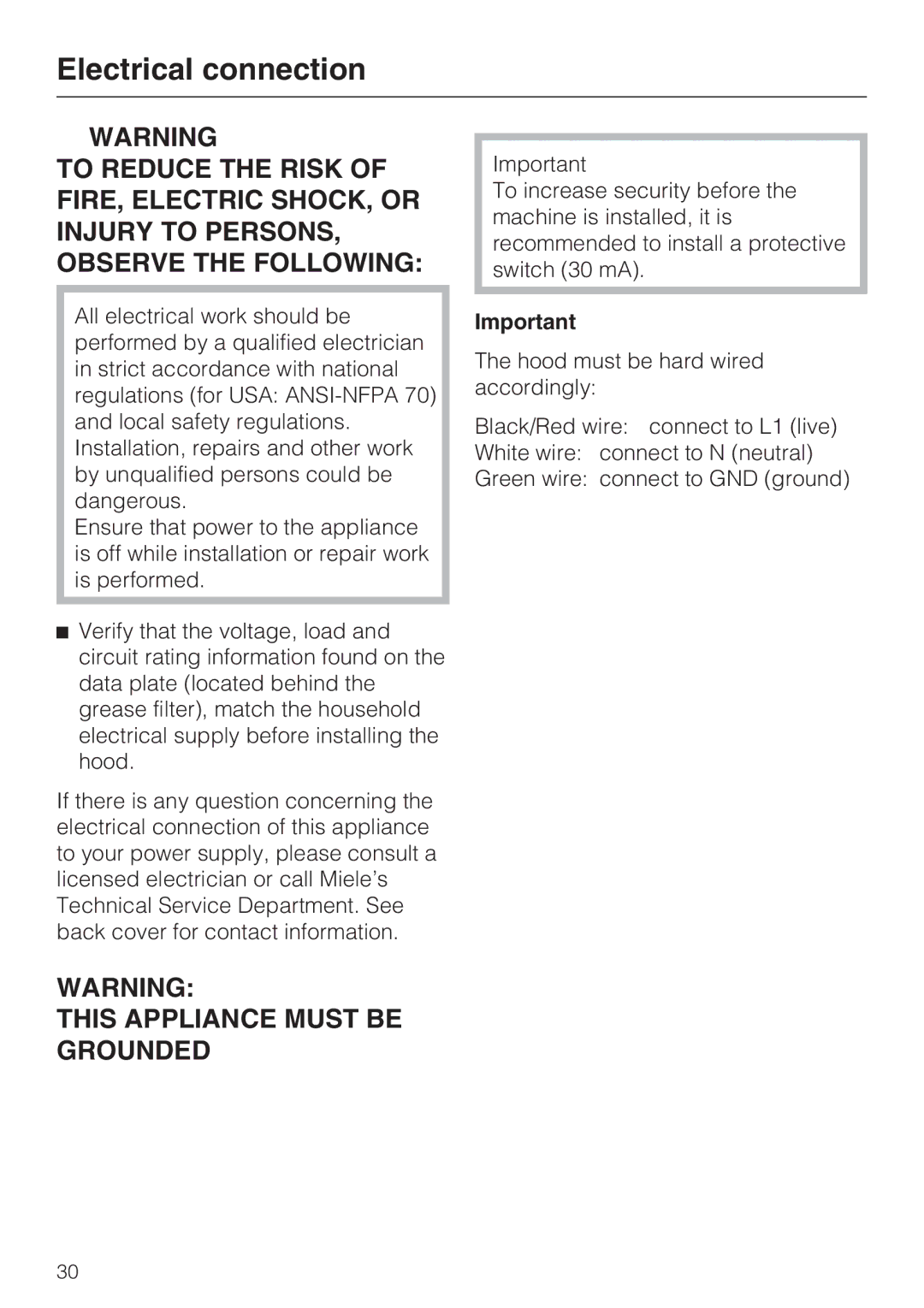 Miele DA 6590 D installation instructions Electrical connection, This Appliance Must be Grounded 