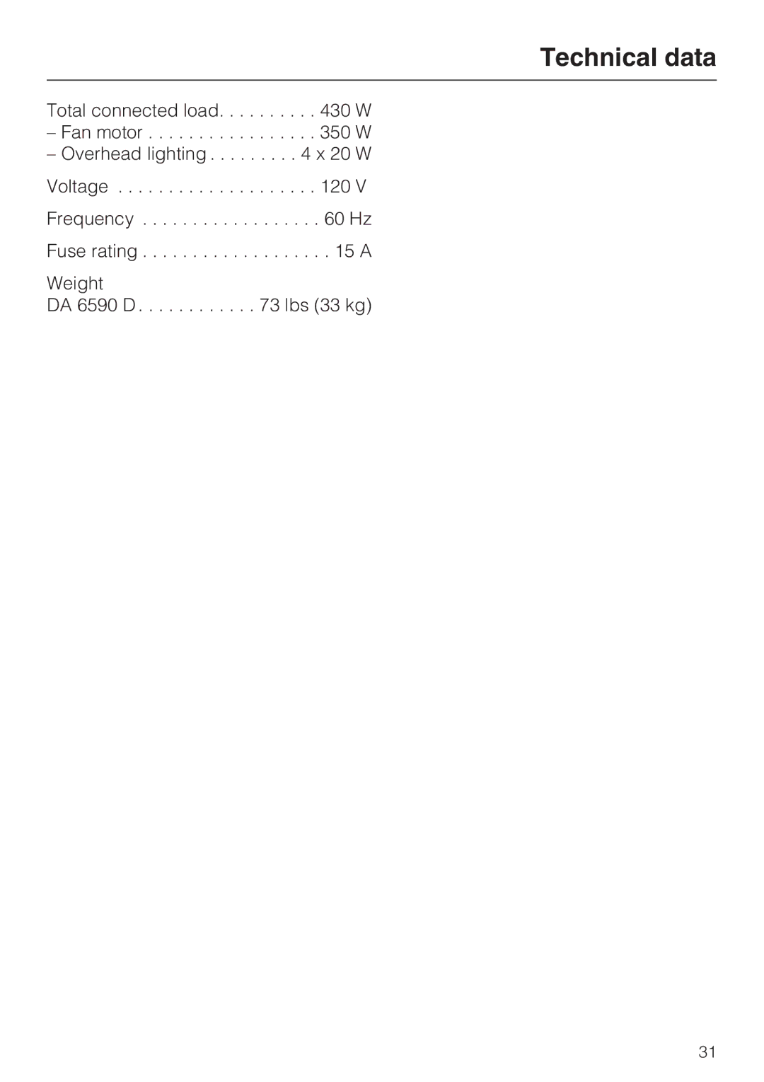 Miele DA 6590 D installation instructions Technical data 