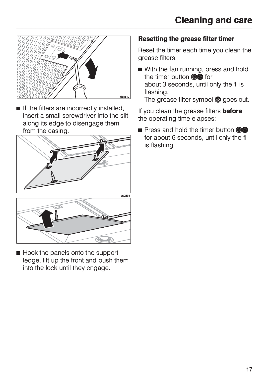 Miele DA 6590 D installation instructions Resetting the grease filter timer, Cleaning and care 