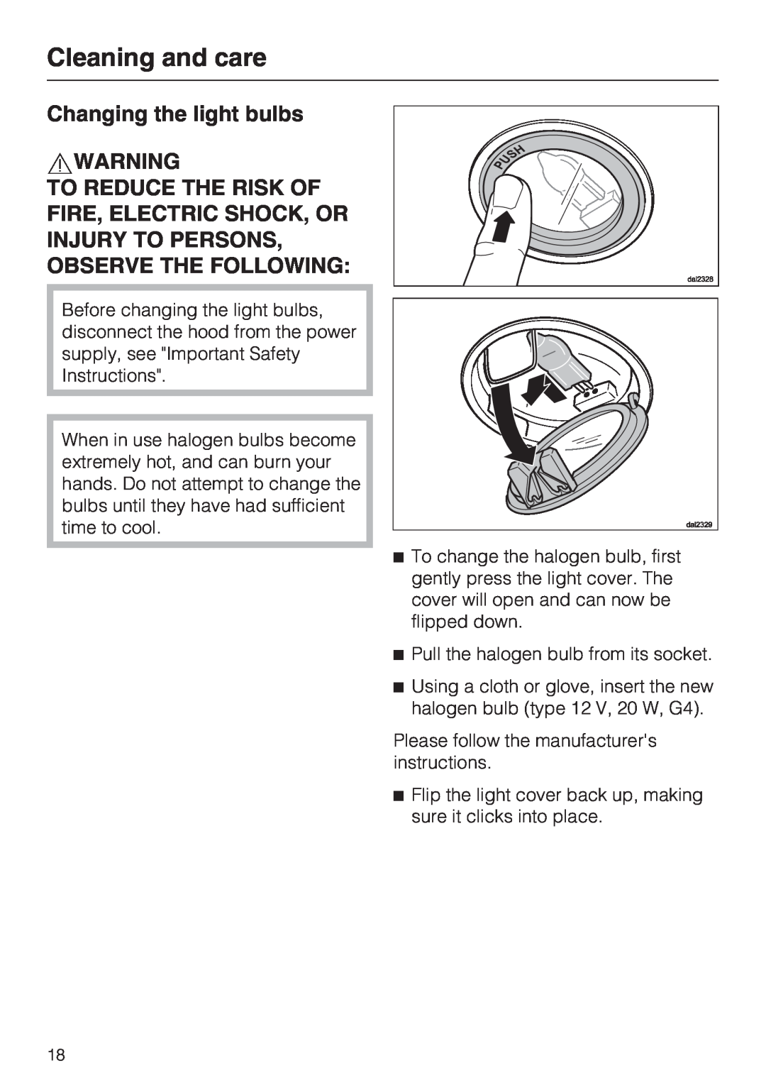 Miele DA 6590 D installation instructions Changing the light bulbs, Cleaning and care 