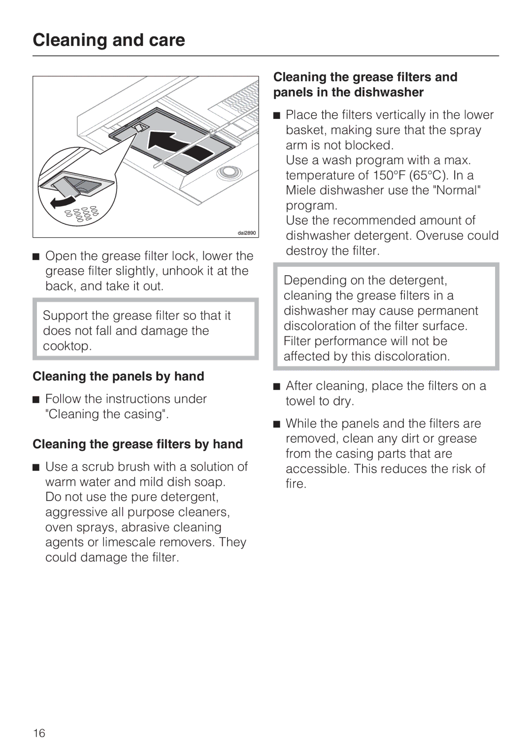 Miele DA 6590 W, DA 6520 W installation instructions Cleaning the panels by hand, Cleaning the grease filters by hand 