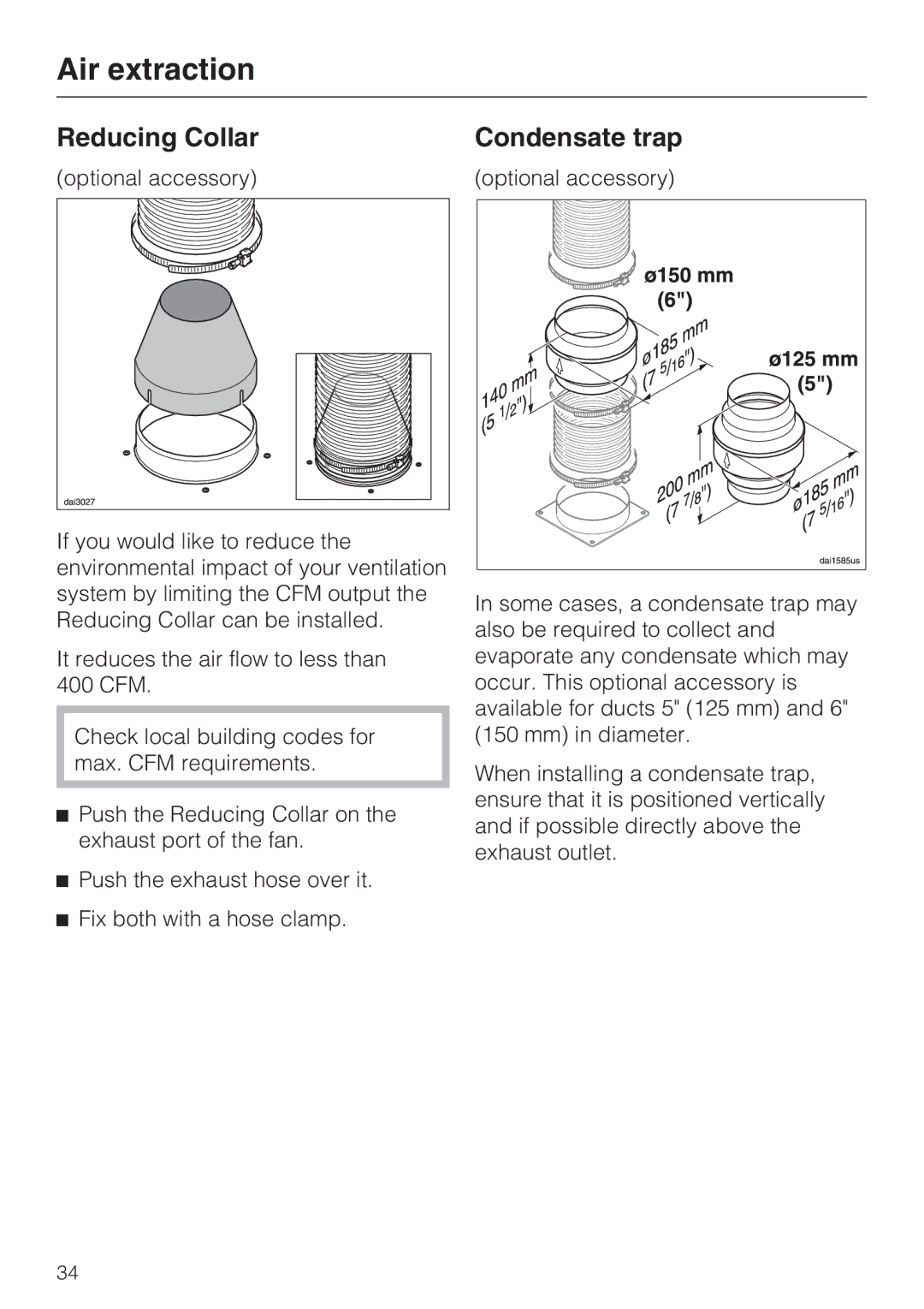 Miele DA 6590 W, DA 6520 W installation instructions Reducing Collar, Condensate trap 