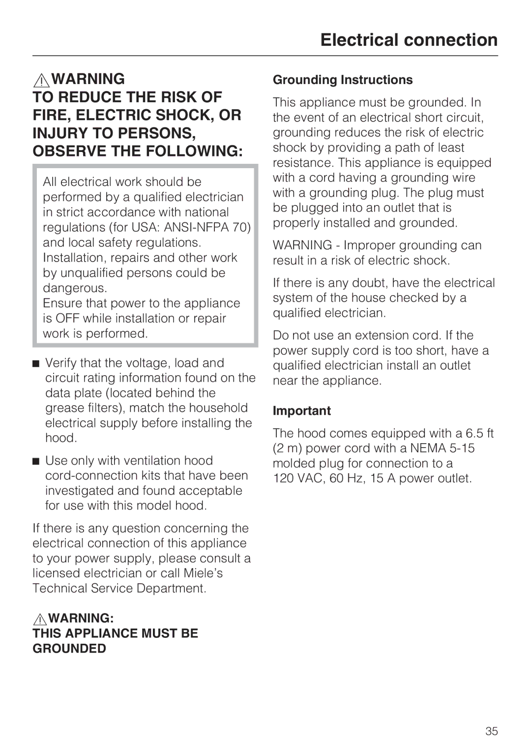 Miele DA 6520 W, DA 6590 W installation instructions Electrical connection, Grounding Instructions 