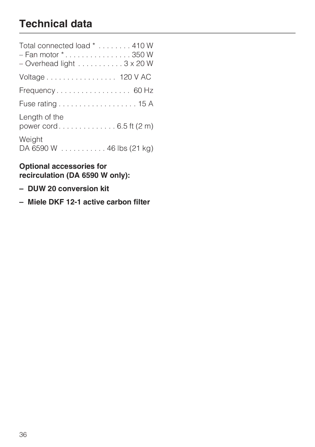 Miele DA 6590 W, DA 6520 W installation instructions Technical data 