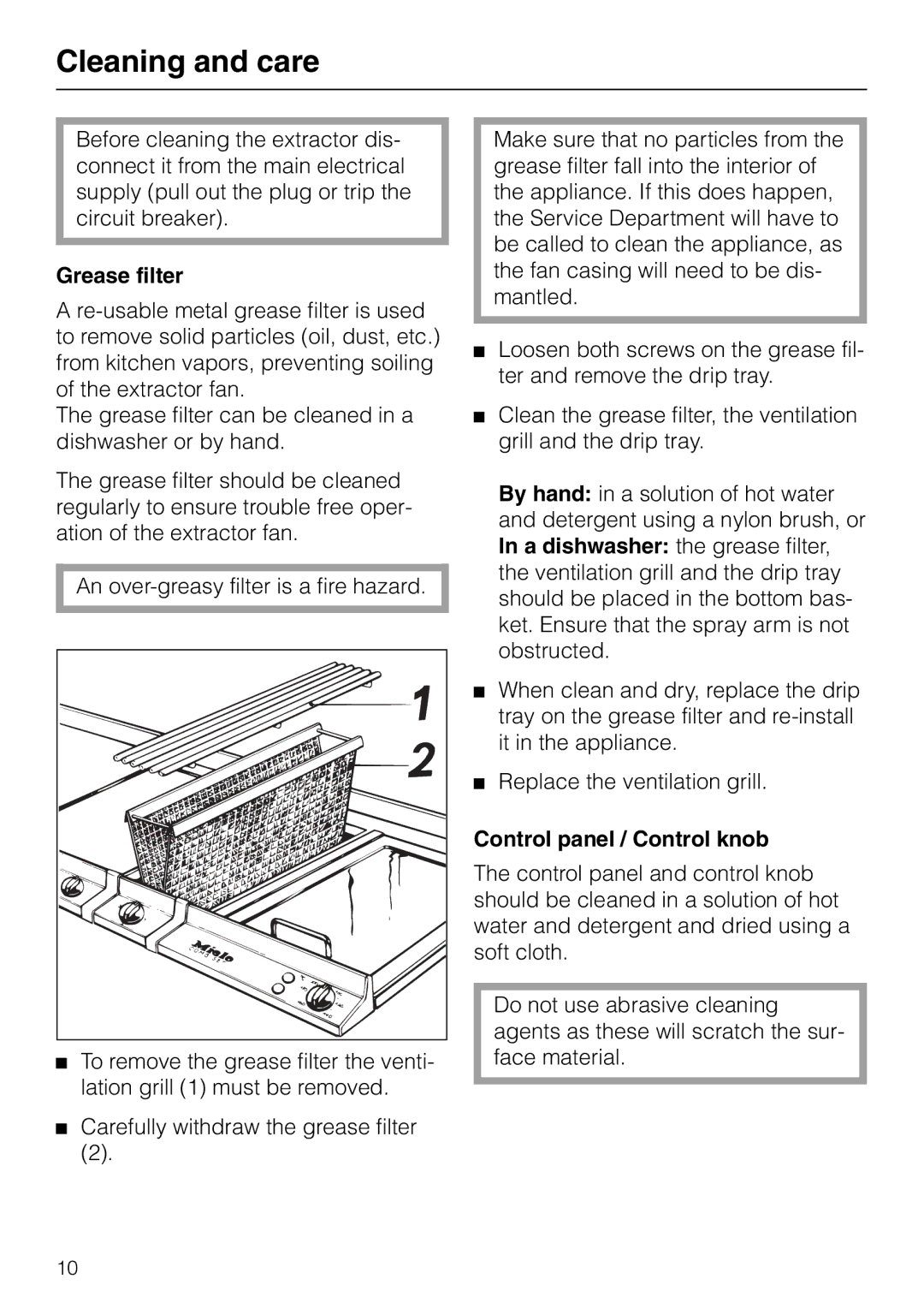 Miele DA 8-2 manual Cleaning and care, Grease filter, Control panel / Control knob 