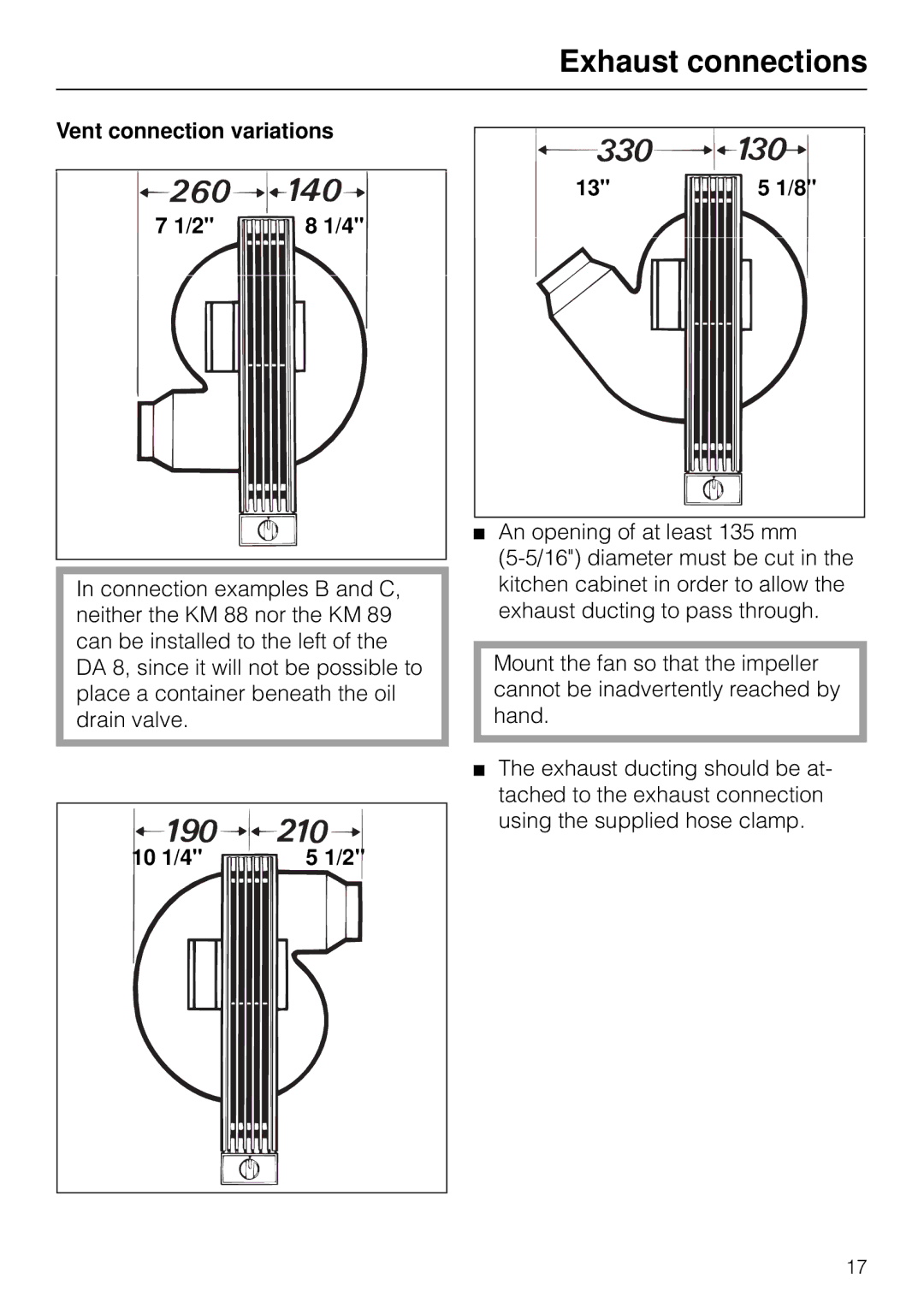 Miele DA 8-2 manual Exhaust connections, Vent connection variations, 10 1/4 