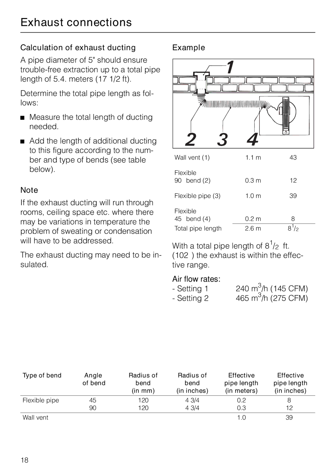 Miele DA 8-2 manual Calculation of exhaust ducting 