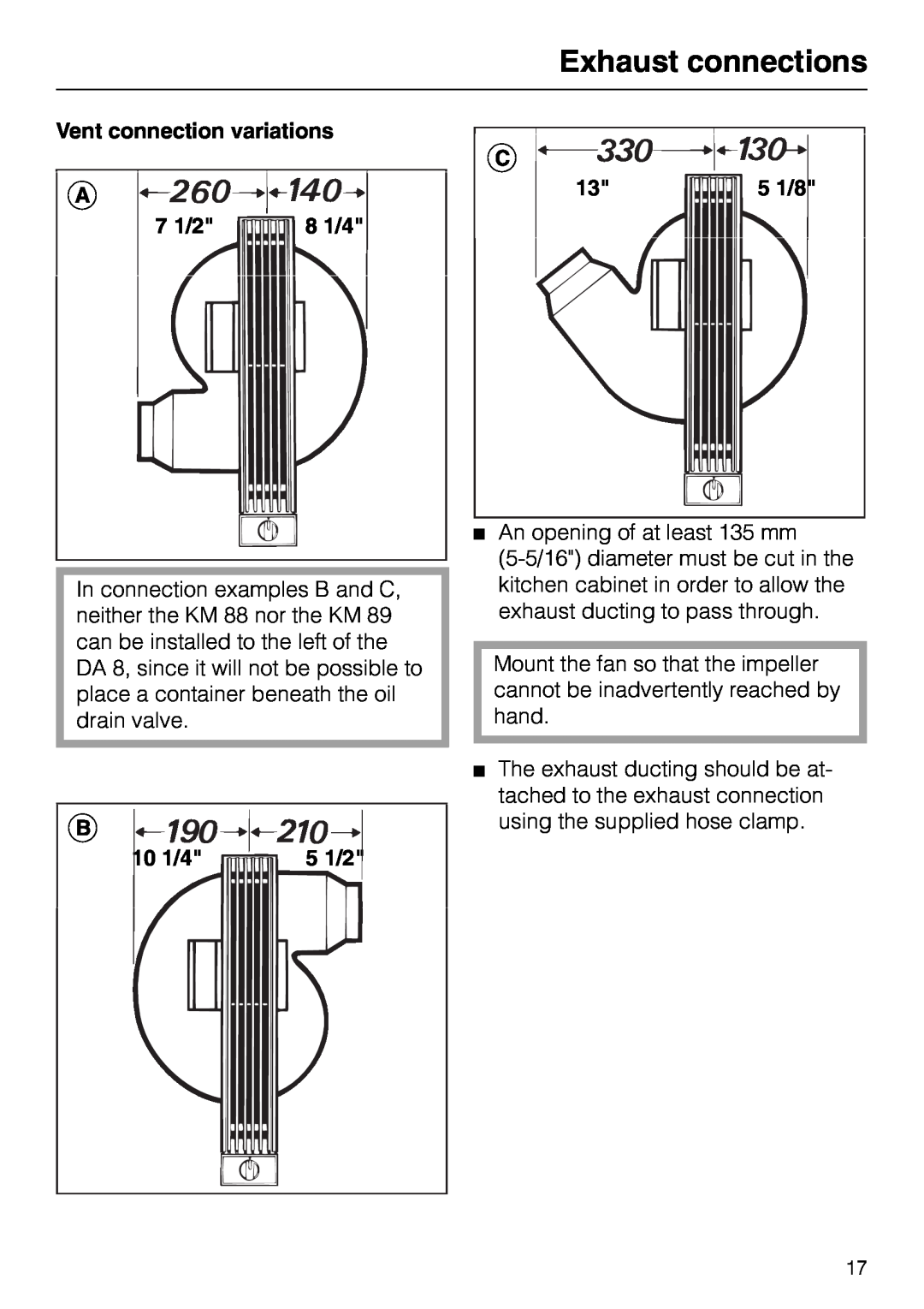 Miele DA 8-2 manual Exhaust connections, Vent connection variations, 7 1/2, 8 1/4, 5 1/8, 10 1/4, 5 1/2 