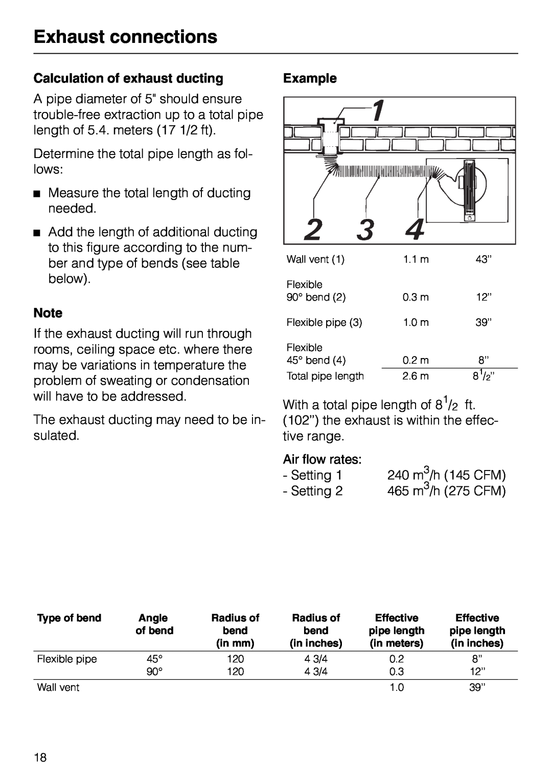 Miele DA 8-2 manual Calculation of exhaust ducting, Exhaust connections 