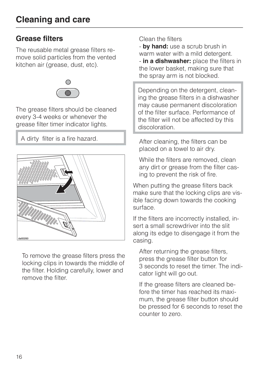 Miele DA210-3 installation instructions Grease filters 