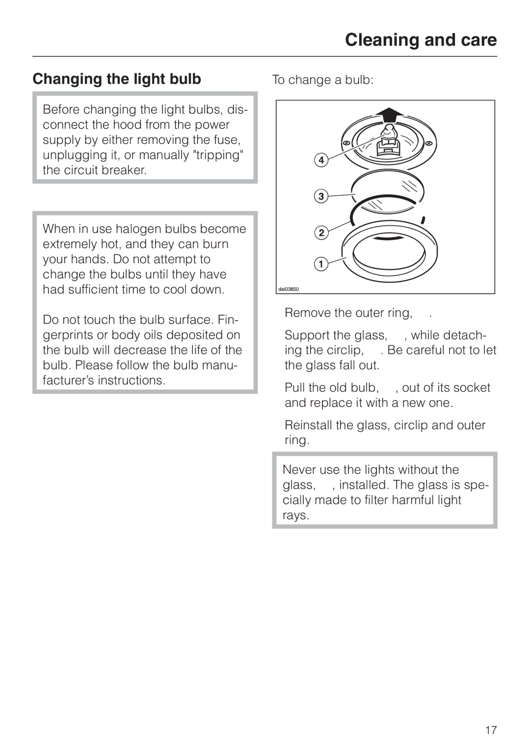 Miele DA210-3 installation instructions Changing the light bulb 