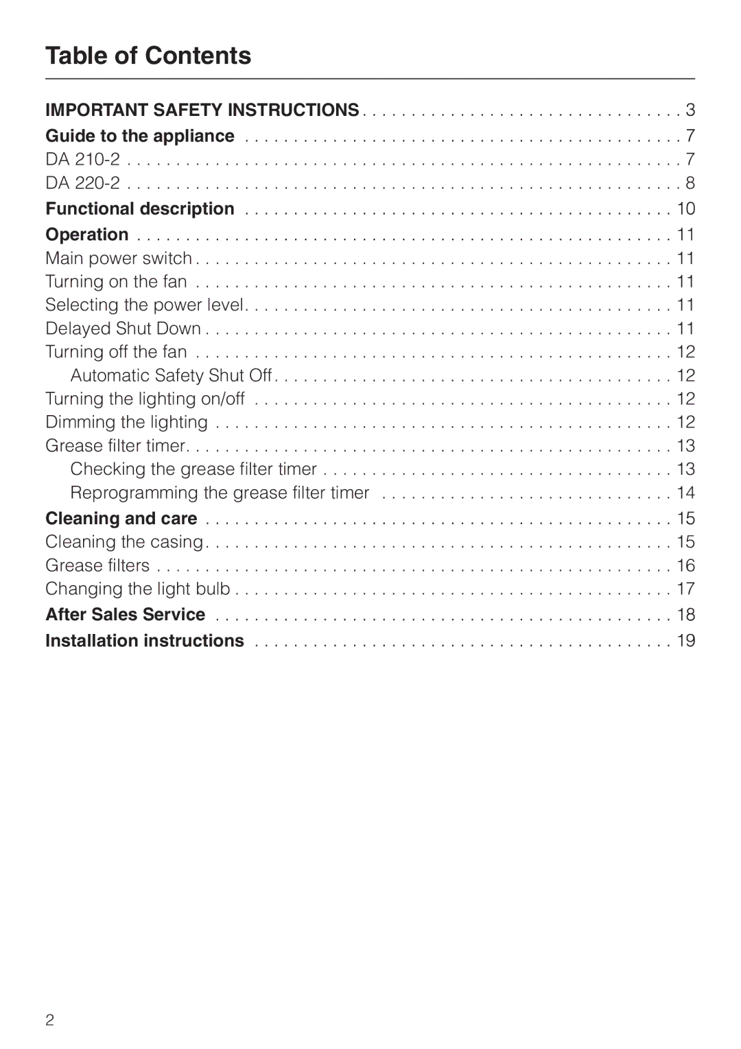 Miele DA210-3 installation instructions Table of Contents 