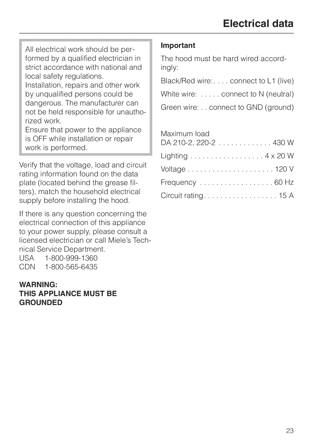 Miele DA210-3 installation instructions Electrical data, This Appliance Must be Grounded 