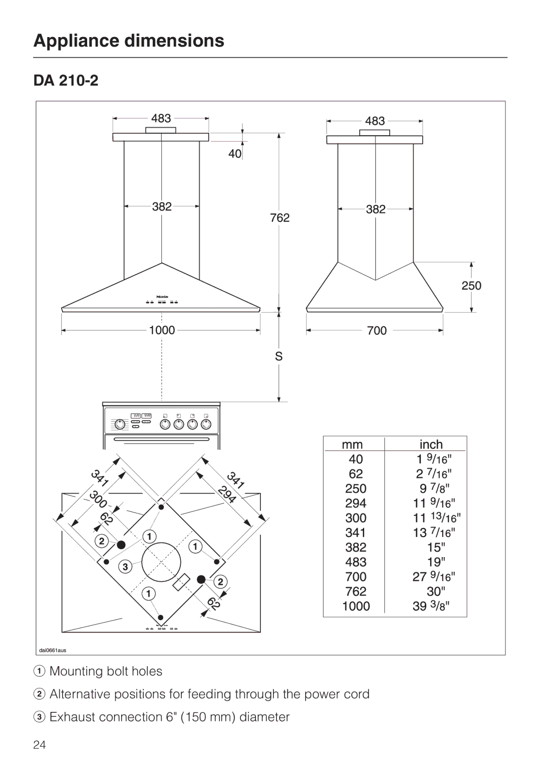 Miele DA210-3 installation instructions Appliance dimensions 