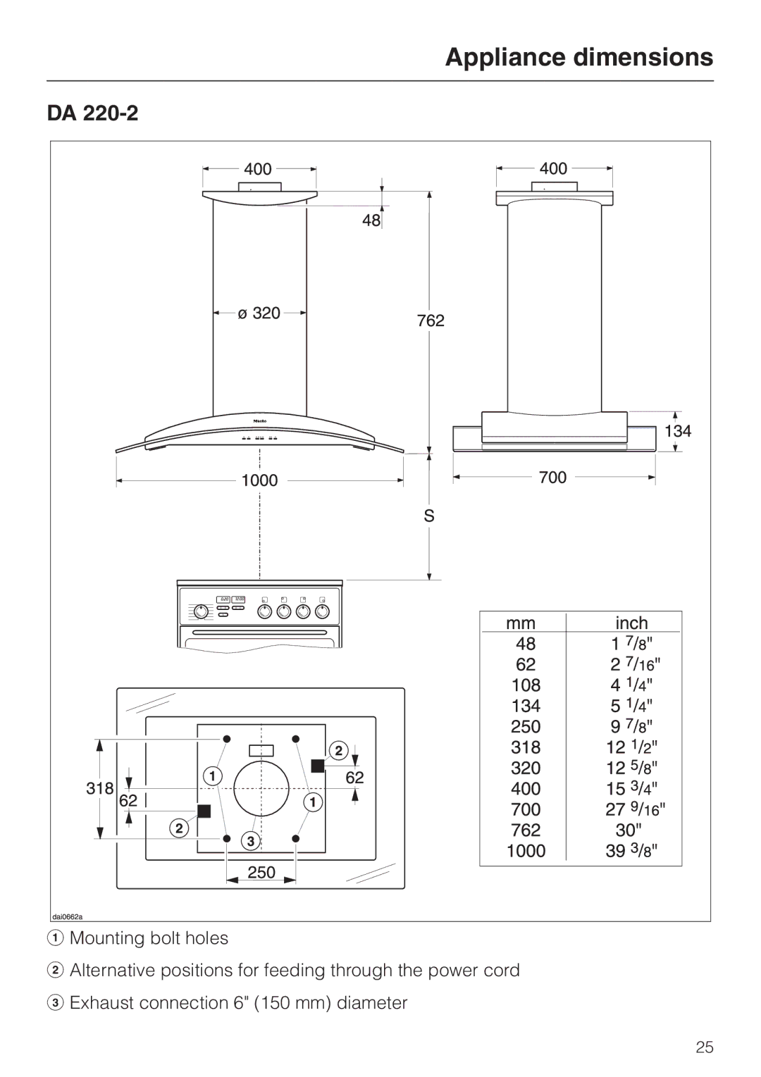 Miele DA210-3 installation instructions Appliance dimensions 