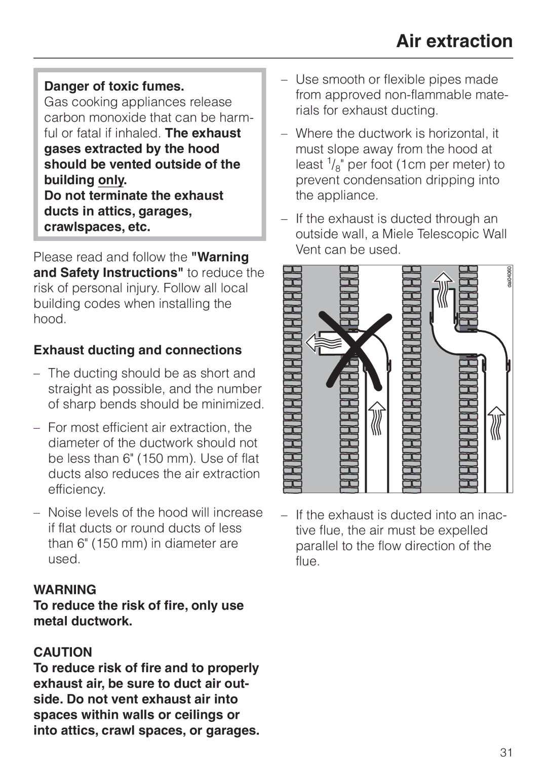 Miele DA210-3 installation instructions Air extraction, Exhaust ducting and connections 