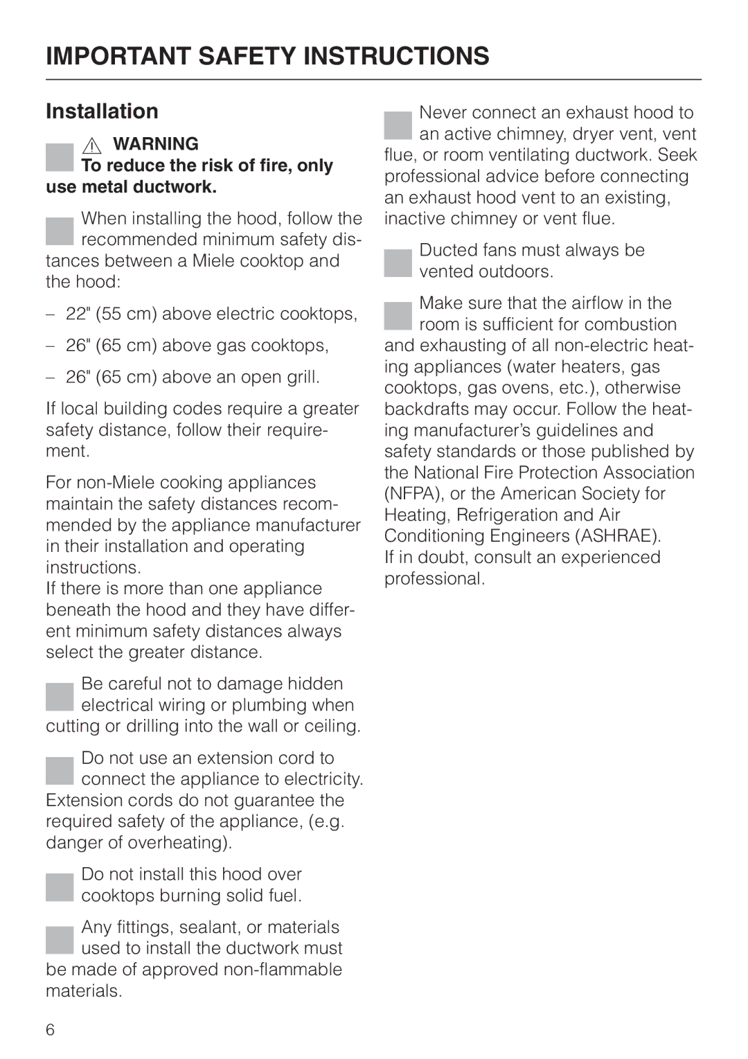 Miele DA210-3 installation instructions Installation, To reduce the risk of fire, only use metal ductwork 