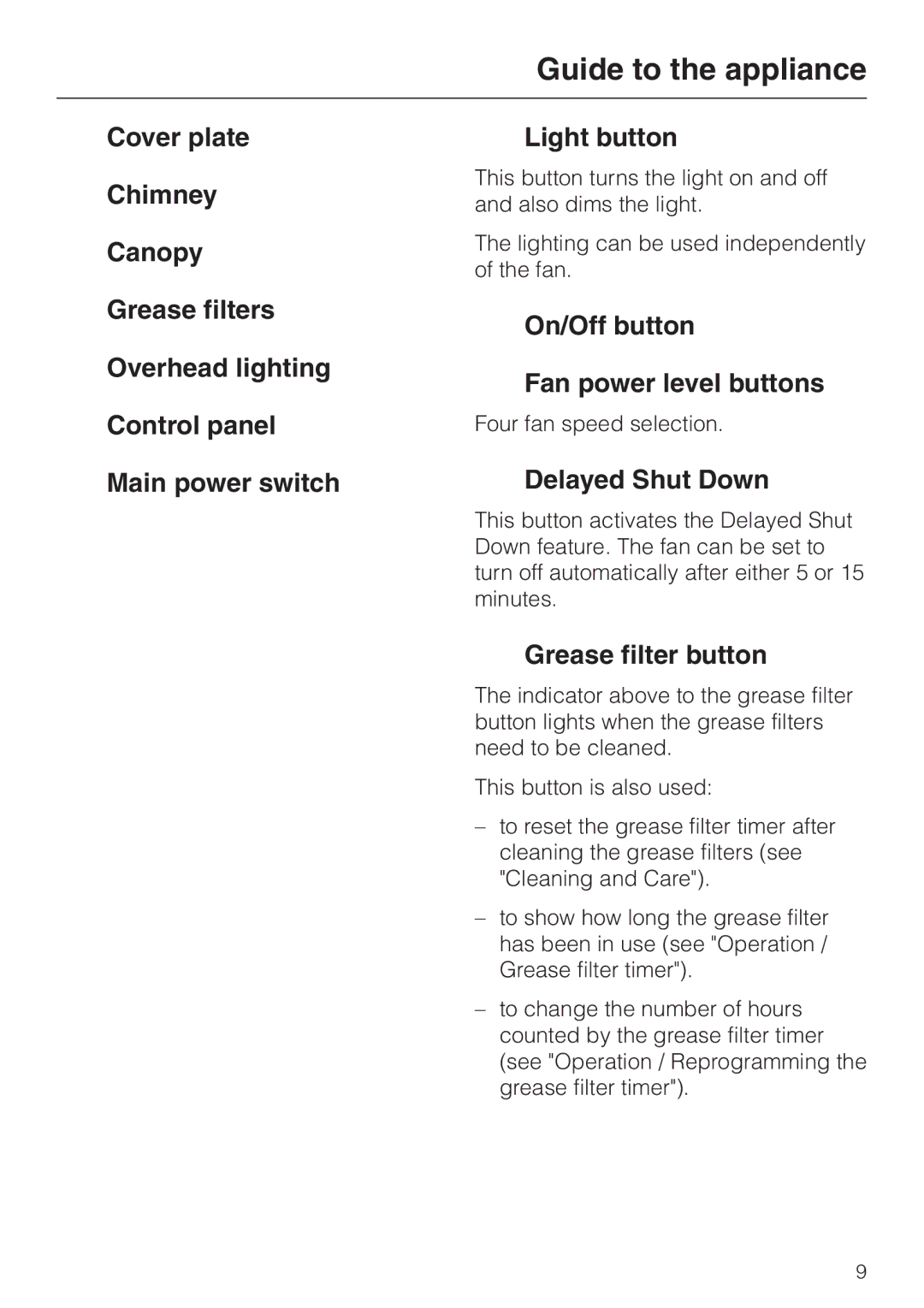 Miele DA210-3 installation instructions On/Off button Fan power level buttons, Delayed Shut Down, Grease filter button 