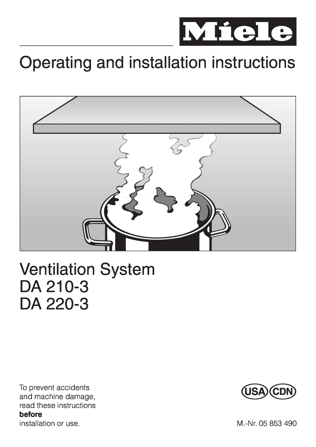Miele DA210-3 installation instructions Operating and installation instructions, Ventilation System DA DA 