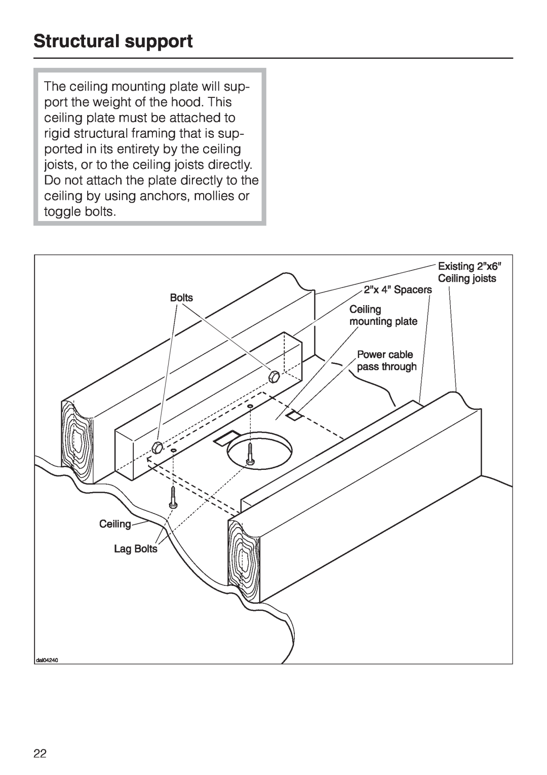 Miele DA210-3 installation instructions Structural support 
