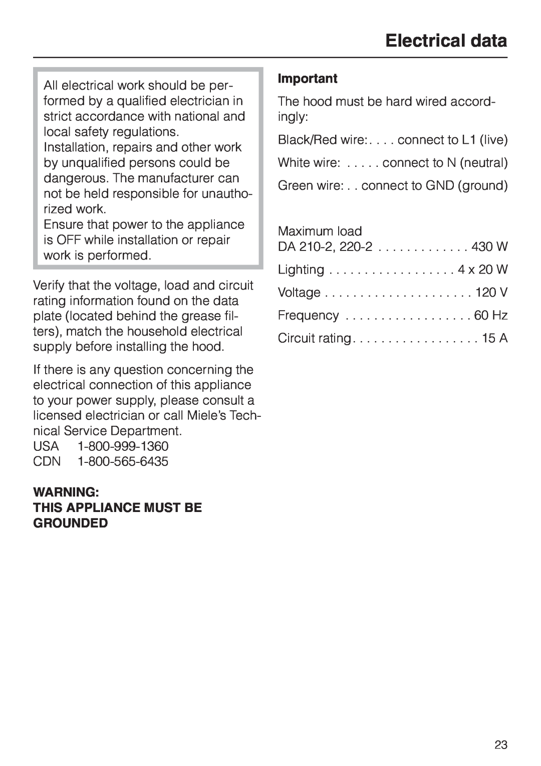 Miele DA210-3 installation instructions Electrical data, This Appliance Must Be Grounded 