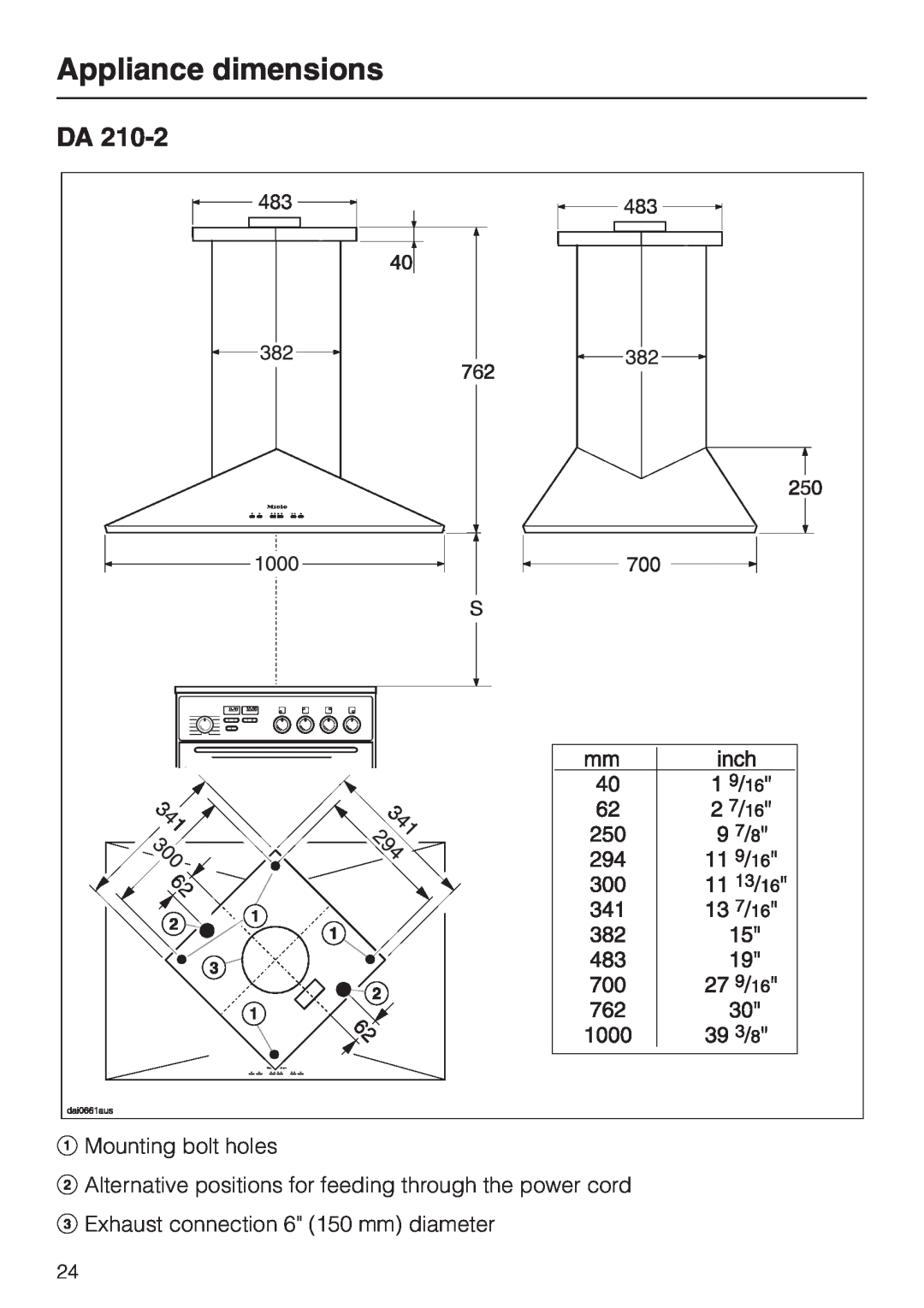 Miele DA210-3 installation instructions Appliance dimensions, aMounting bolt holes, cExhaust connection 6 150 mm diameter 