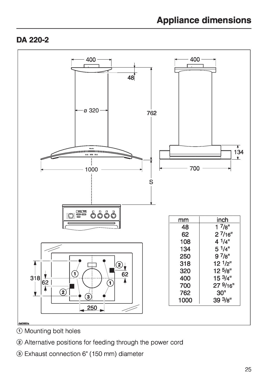 Miele DA210-3 installation instructions Appliance dimensions 