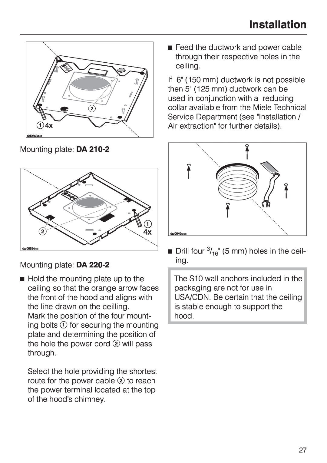 Miele DA210-3 installation instructions Installation, Mounting plate DA Mounting plate DA 