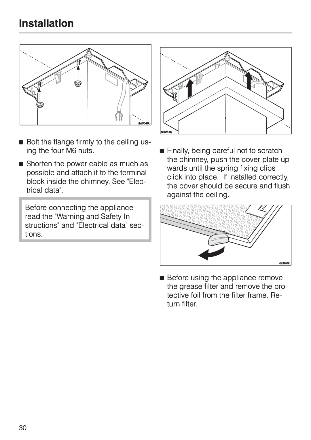 Miele DA210-3 installation instructions Installation, Bolt the flange firmly to the ceiling us- ing the four M6 nuts 