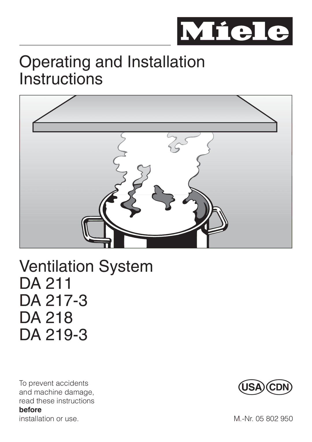 Miele DA 219-3, DA217-3 installation instructions Operating and Installation Instructions Ventilation System 