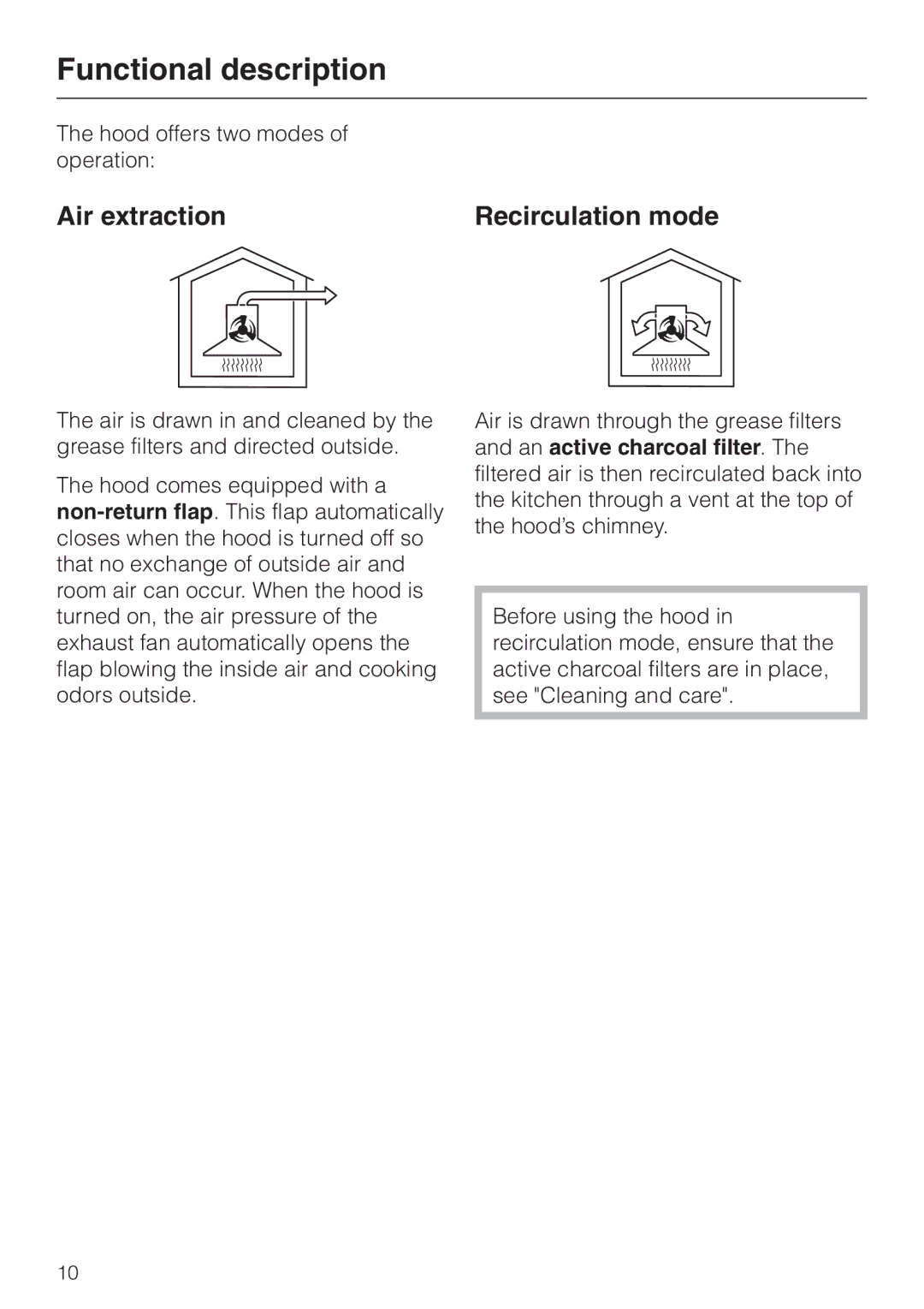 Miele DA217-3, DA 219-3 installation instructions Functional description, Air extraction, Recirculation mode 