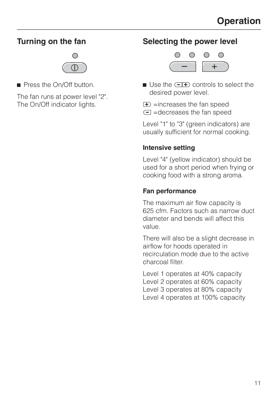 Miele DA 219-3, DA217-3 Operation, Turning on the fan Selecting the power level, Intensive setting, Fan performance 