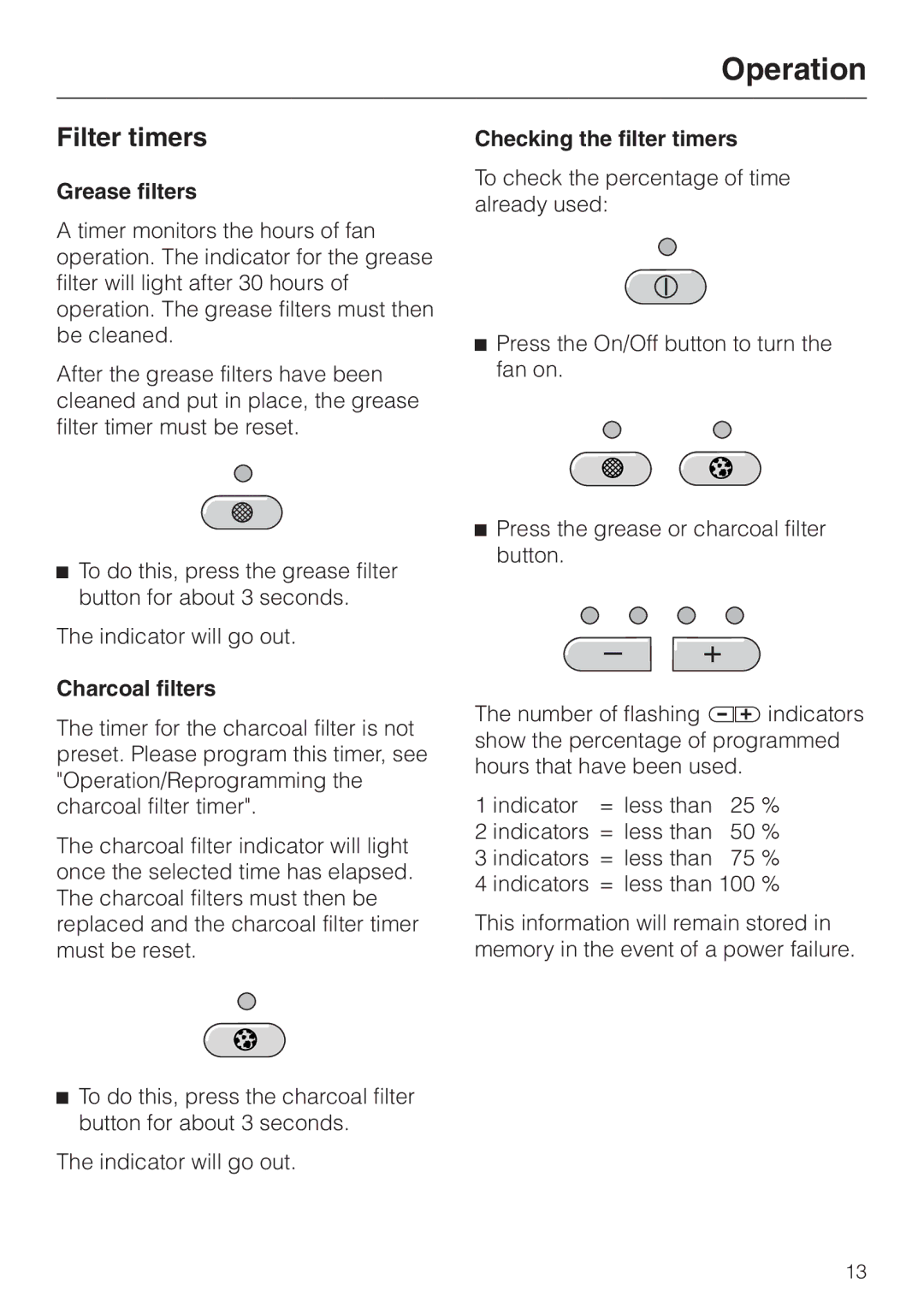 Miele DA 219-3, DA217-3 Filter timers, Grease filters, Charcoal filters, Checking the filter timers 