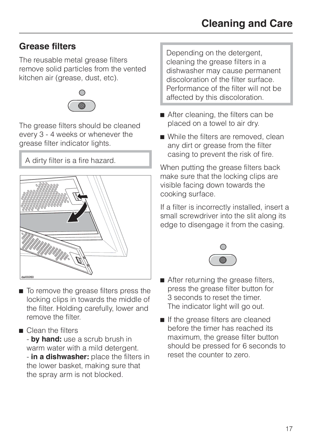 Miele DA 219-3, DA217-3 installation instructions Grease filters 