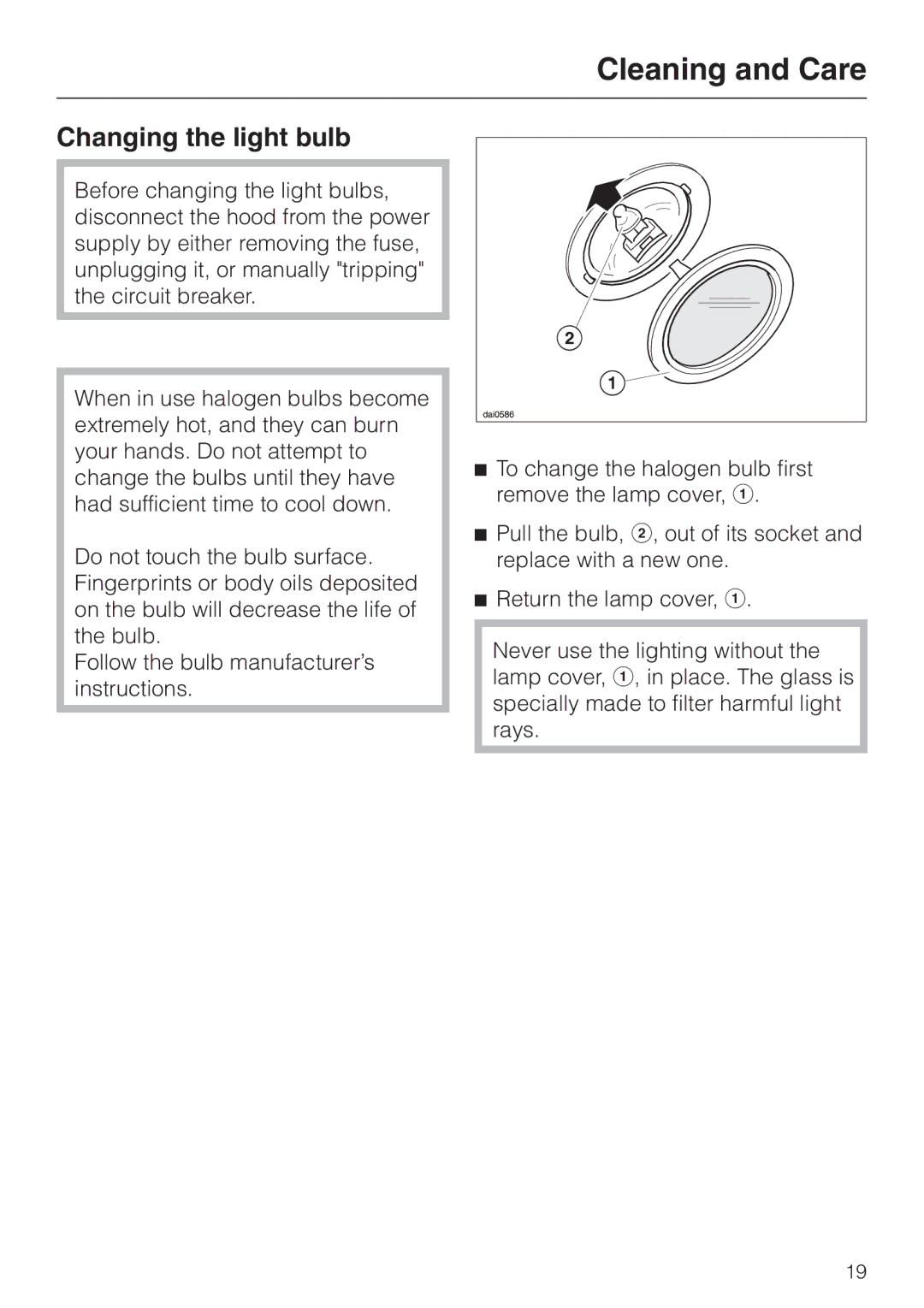 Miele DA 219-3, DA217-3 installation instructions Changing the light bulb 