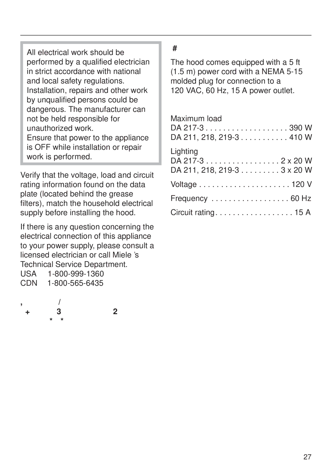 Miele DA 219-3, DA217-3 installation instructions Electrical data, This Appliance Must be Grounded 