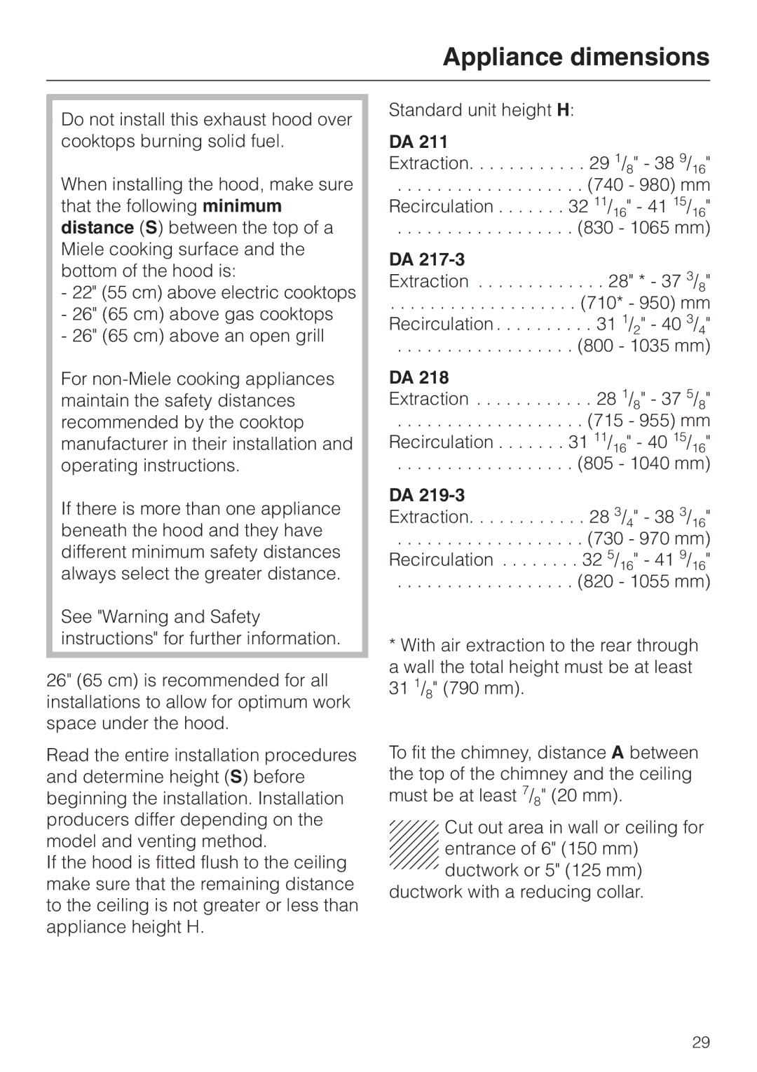 Miele DA 219-3, DA217-3 installation instructions Appliance dimensions 