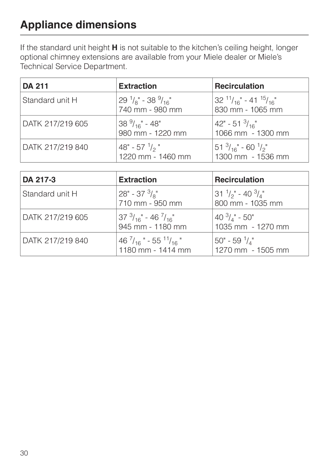 Miele DA217-3, DA 219-3 installation instructions Extraction Recirculation 