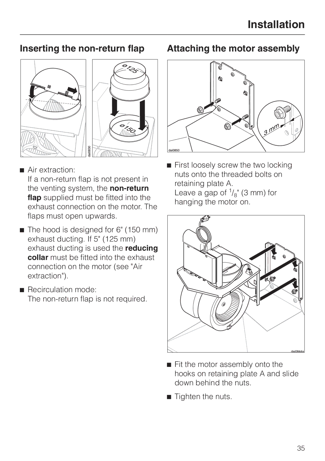 Miele DA 219-3, DA217-3 installation instructions Inserting the non-return flap Attaching the motor assembly 