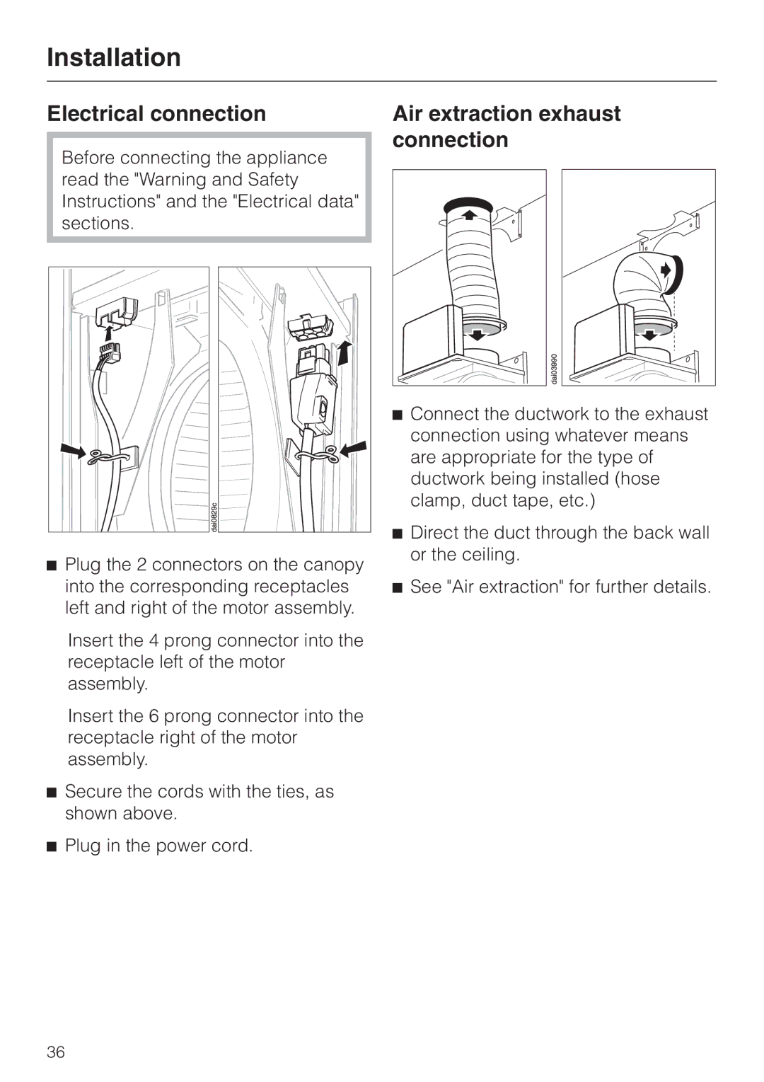 Miele DA217-3, DA 219-3 installation instructions Electrical connection, Air extraction exhaust connection 